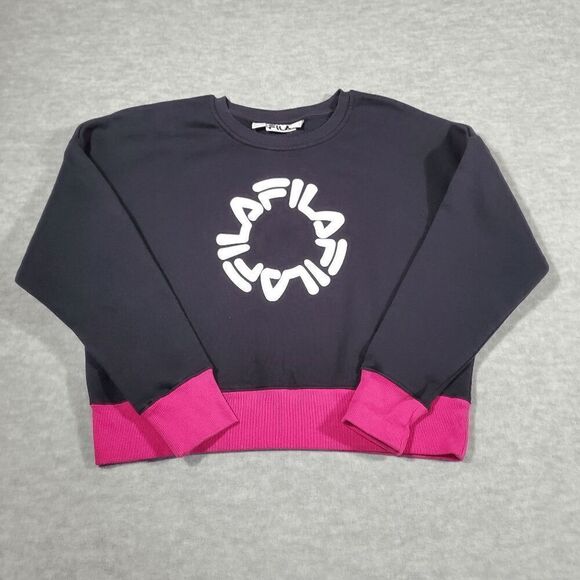 FILA Sweatshirt Women XL Black Fleece Lined Ribbed Hem Sports Crew Neck Pullover - Picture 1 of 7